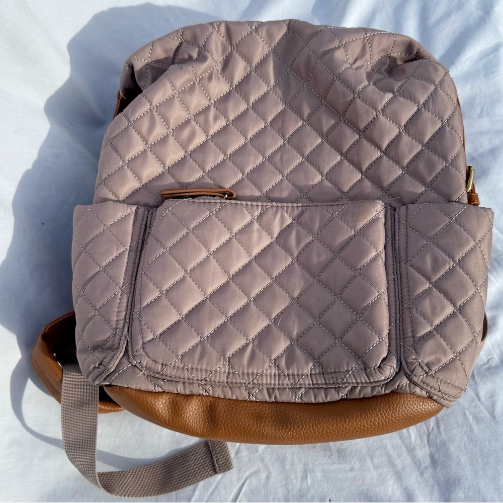 Tommy Bahama Light Purple Quilted Backpack Purse Brown Leather Straps